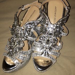 Beautiful jewel encrusted silver platform heels